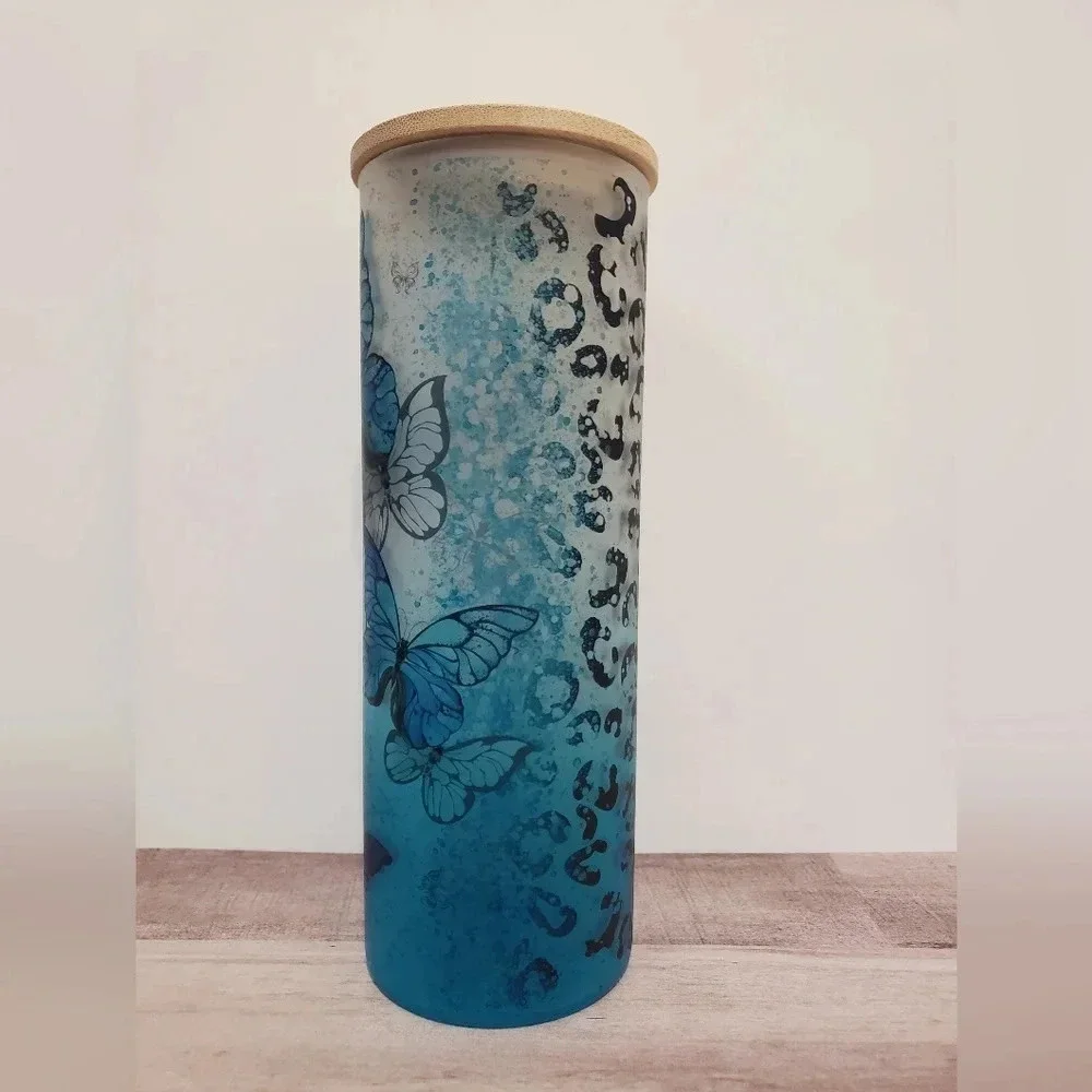 Butterfly leopard print ombre‎ frosted glass tumbler with lid and straw